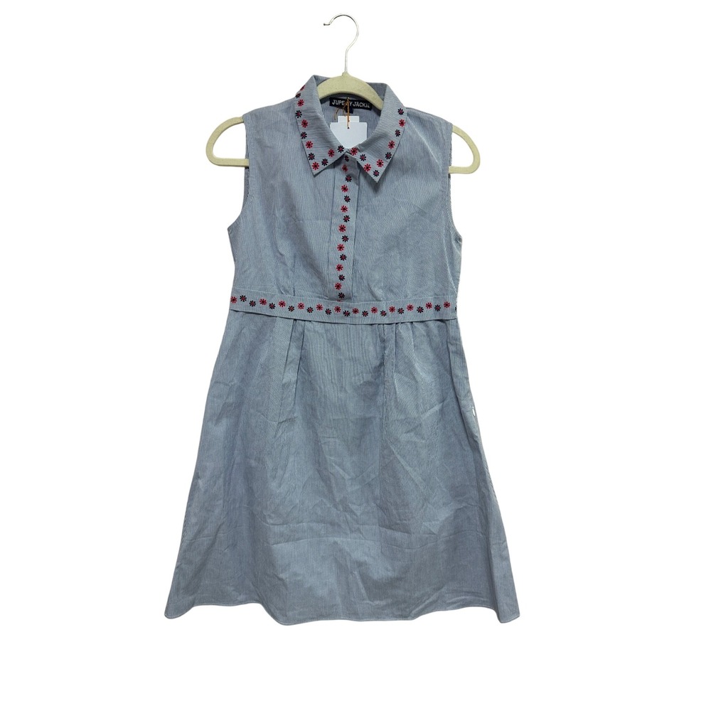 Jupe by Jackie Womens Blue Pinstripe Hand Embroidered Cotton Dress Small NWT